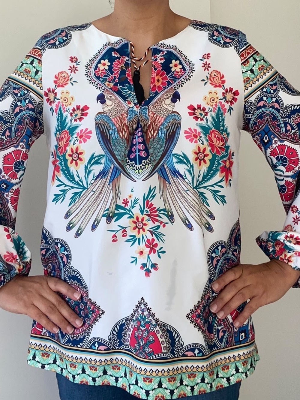 White Floral & Parrot-Print Long Sleeve Women's Blouse